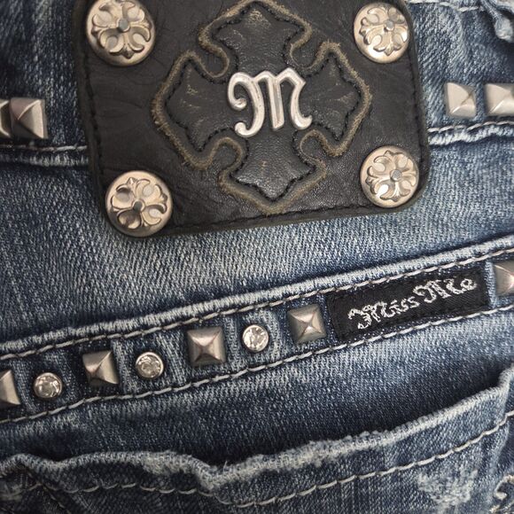 Miss Me JP5135BCL Straight Leg Distressed Jeans Size 29 Blue Studded Rhinestone - Picture 4 of 7
